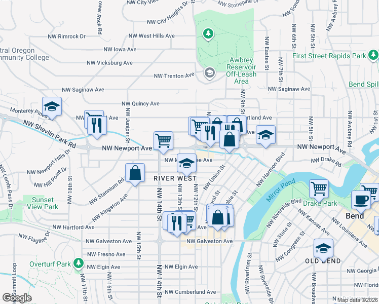 map of restaurants, bars, coffee shops, grocery stores, and more near 1221 Northwest Newport Avenue in Bend