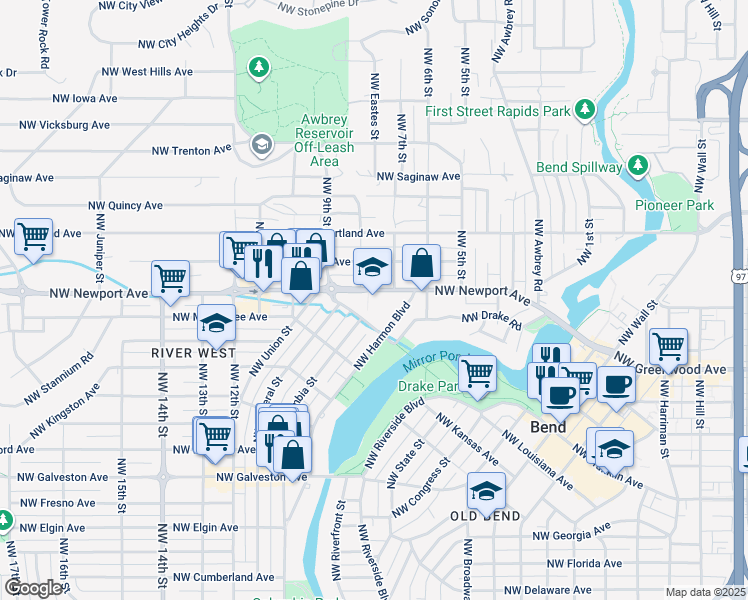 map of restaurants, bars, coffee shops, grocery stores, and more near 701 Northwest Newport Avenue in Bend