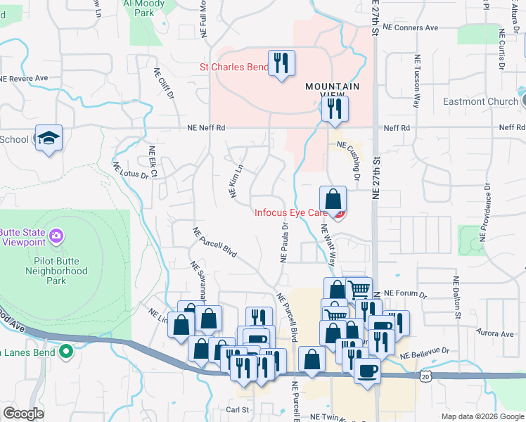 map of restaurants, bars, coffee shops, grocery stores, and more near 1315 Northeast Paula Drive in Bend