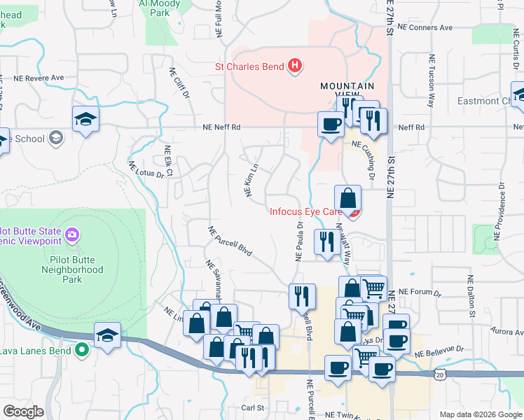 map of restaurants, bars, coffee shops, grocery stores, and more near 2196 Northeast Kim Lane in Bend