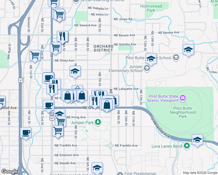 map of restaurants, bars, coffee shops, grocery stores, and more near 737 Northeast Marshall Avenue in Bend