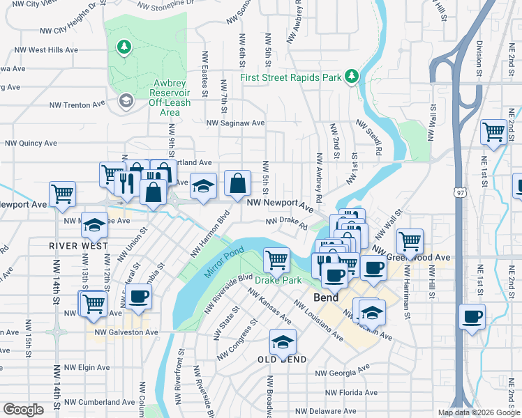 map of restaurants, bars, coffee shops, grocery stores, and more near 554 Northwest Newport Avenue in Bend
