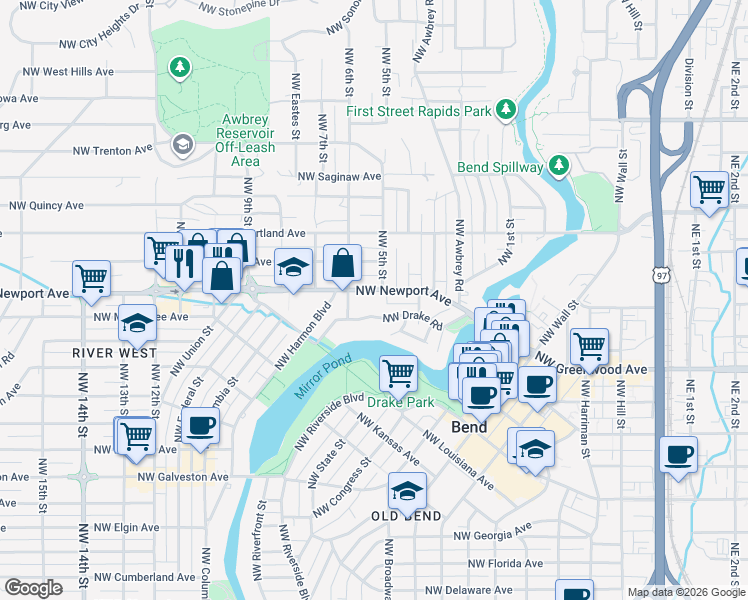 map of restaurants, bars, coffee shops, grocery stores, and more near 554 Northwest Newport Avenue in Bend