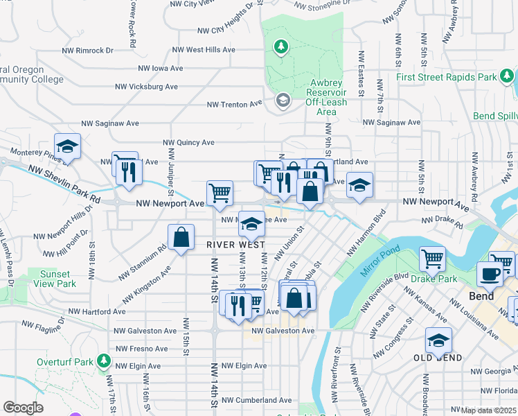 map of restaurants, bars, coffee shops, grocery stores, and more near 1421 Northwest 12th Street in Bend