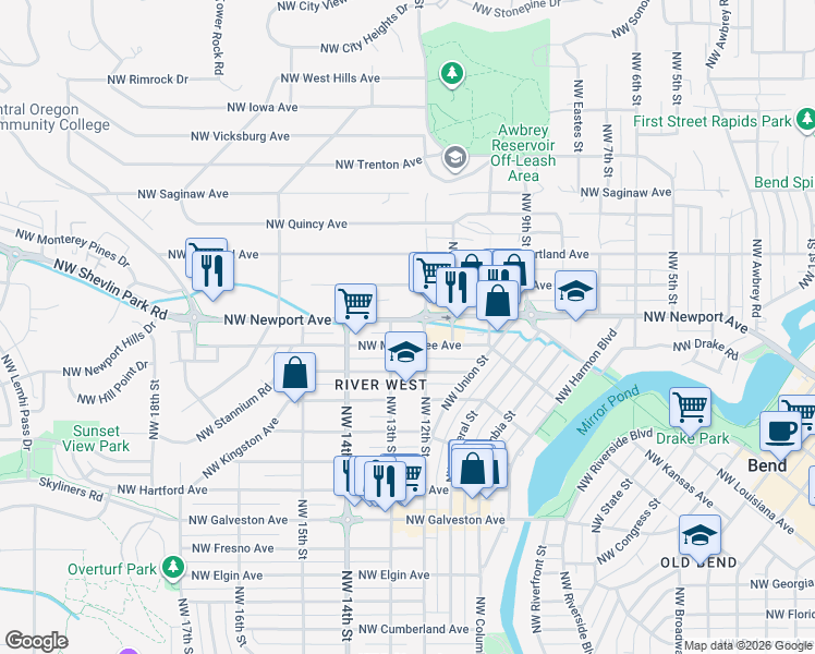map of restaurants, bars, coffee shops, grocery stores, and more near 1421 Northwest 12th Street in Bend