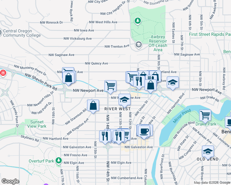 map of restaurants, bars, coffee shops, grocery stores, and more near 1326 Northwest Newport Avenue in Bend