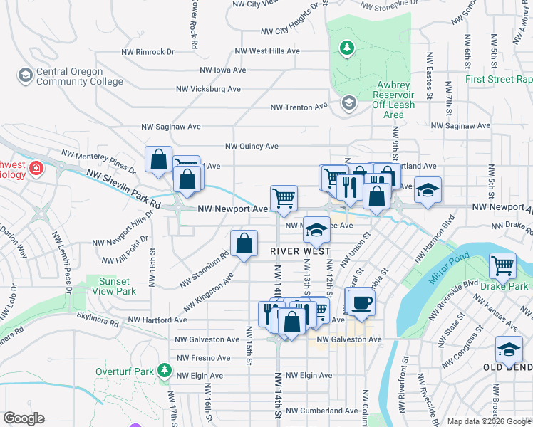 map of restaurants, bars, coffee shops, grocery stores, and more near 1404 Northwest Newport Avenue in Bend