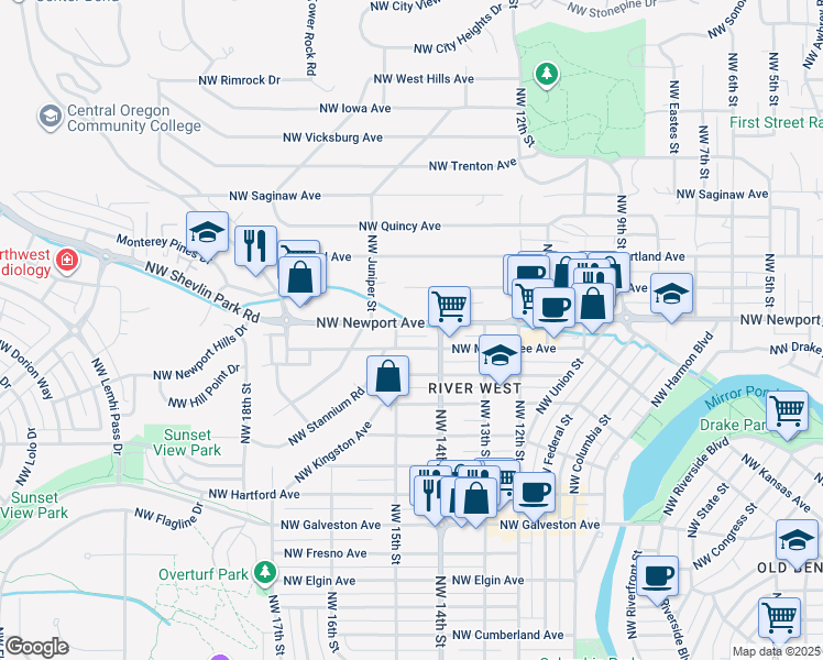 map of restaurants, bars, coffee shops, grocery stores, and more near 1490 Northwest Newport Avenue in Bend