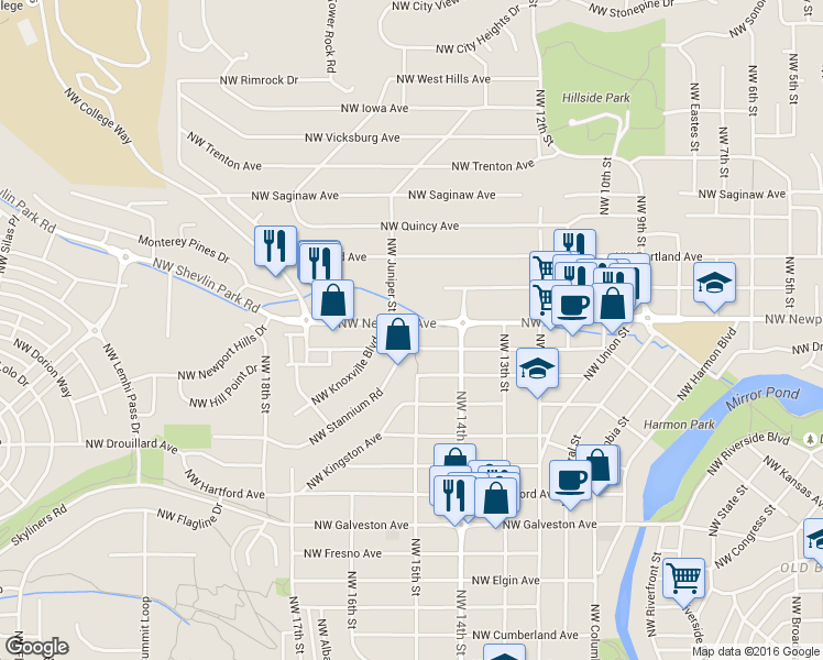 map of restaurants, bars, coffee shops, grocery stores, and more near 1490 Northwest Newport Avenue in Bend