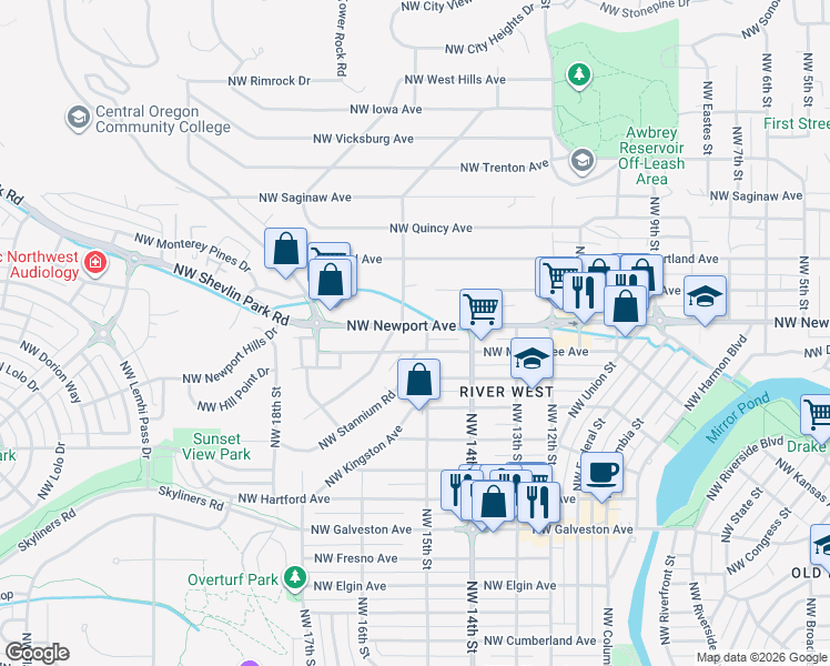 map of restaurants, bars, coffee shops, grocery stores, and more near 1490 Northwest Newport Avenue in Bend