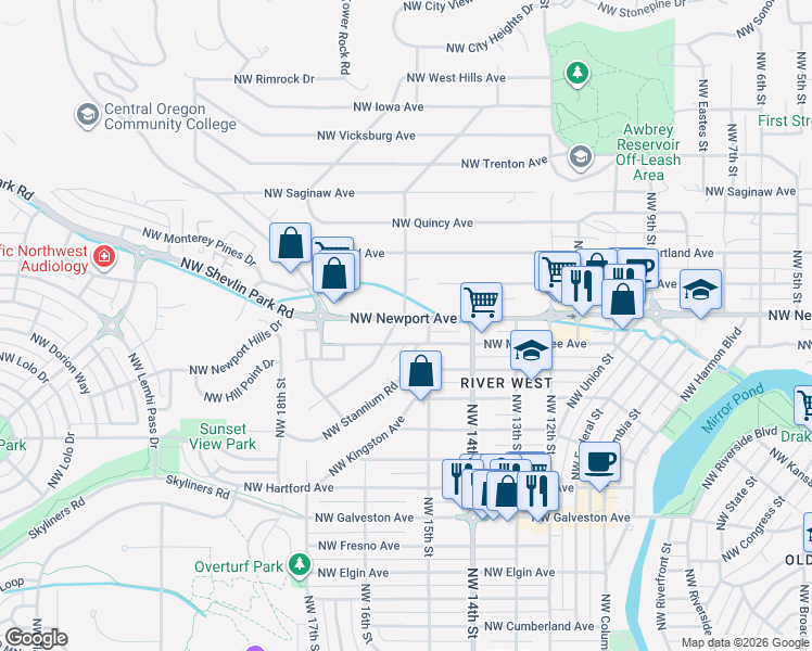 map of restaurants, bars, coffee shops, grocery stores, and more near 1439 Northwest Juniper Street in Bend