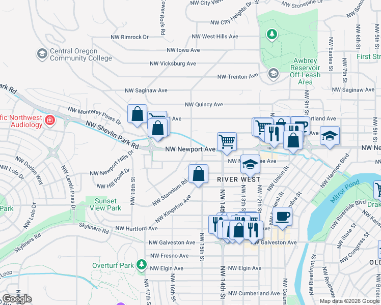 map of restaurants, bars, coffee shops, grocery stores, and more near 1439 Northwest Juniper Street in Bend
