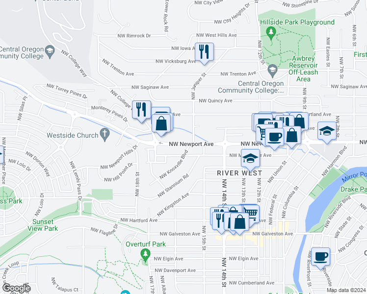 map of restaurants, bars, coffee shops, grocery stores, and more near 1439 Northwest Juniper Street in Bend