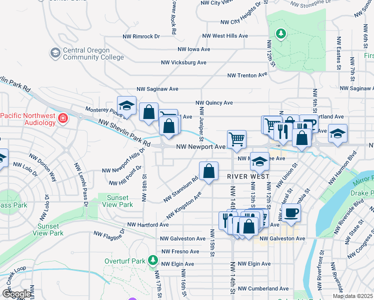 map of restaurants, bars, coffee shops, grocery stores, and more near 1580 Northwest Newport Avenue in Bend