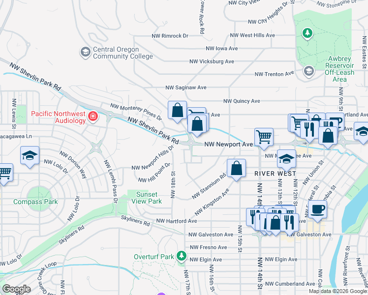 map of restaurants, bars, coffee shops, grocery stores, and more near 1400 Northwest College Way in Bend