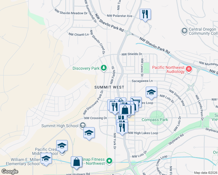 map of restaurants, bars, coffee shops, grocery stores, and more near 1726 Northwest Fields Street in Bend