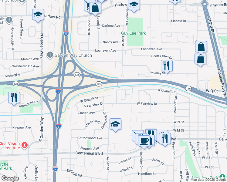 map of restaurants, bars, coffee shops, grocery stores, and more near 1232 West Quinalt Street in Springfield