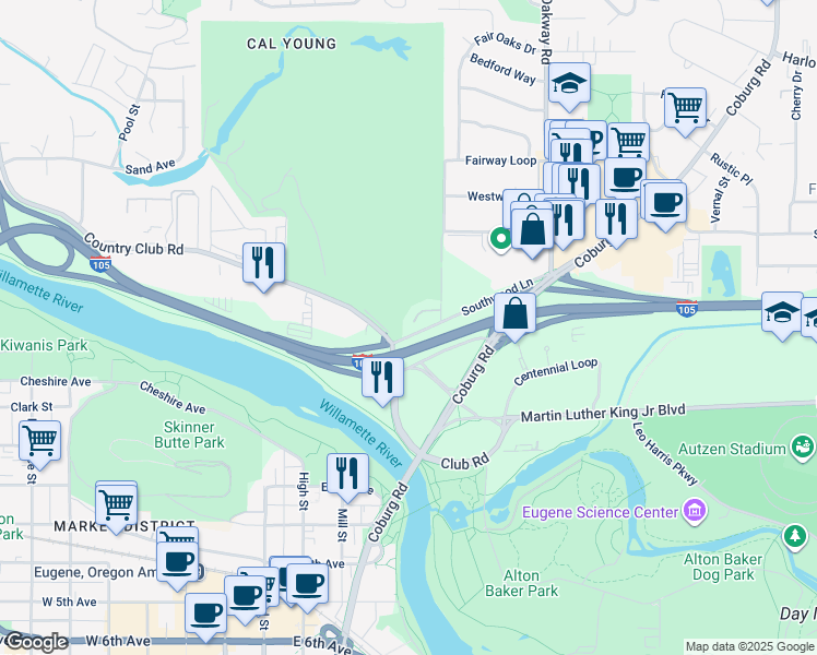 map of restaurants, bars, coffee shops, grocery stores, and more near 62 Fairway Loop in Eugene