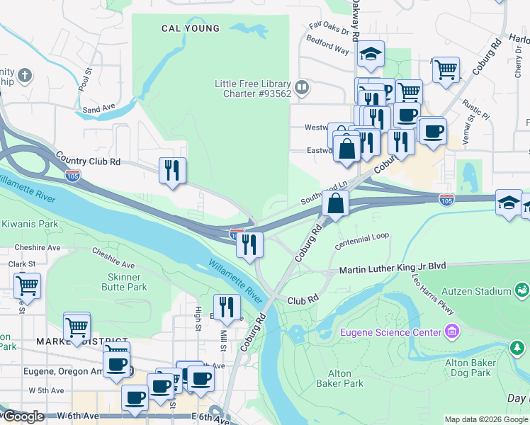 map of restaurants, bars, coffee shops, grocery stores, and more near 62 Fairway Loop in Eugene