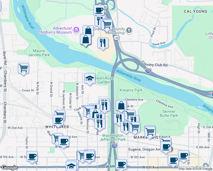 map of restaurants, bars, coffee shops, grocery stores, and more near 300 North Jefferson Street in Eugene