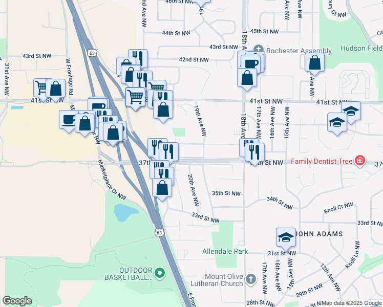 map of restaurants, bars, coffee shops, grocery stores, and more near 1916 38th Street Northwest in Rochester