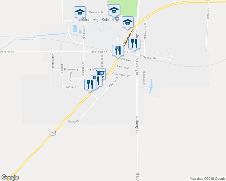 map of restaurants, bars, coffee shops, grocery stores, and more near 513 Christel Drive in Valders