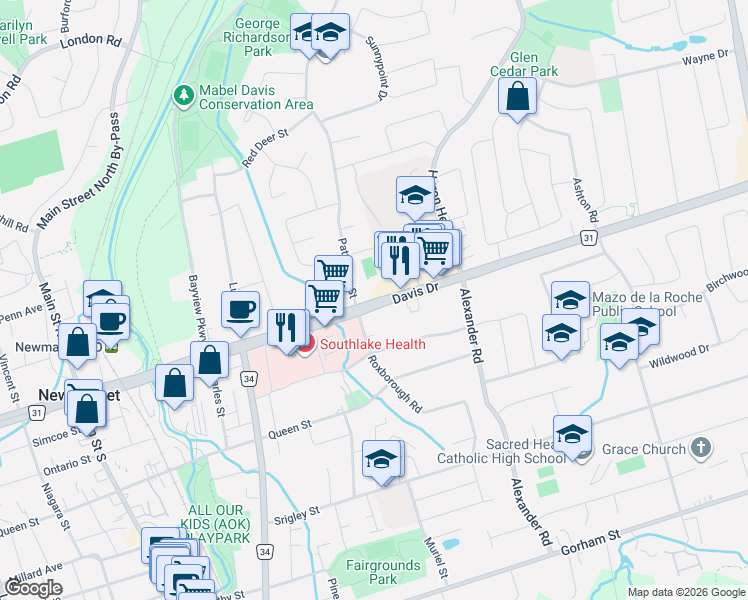 map of restaurants, bars, coffee shops, grocery stores, and more near 705 Davis Drive in Newmarket