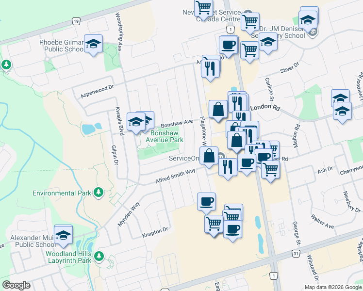 map of restaurants, bars, coffee shops, grocery stores, and more near 264 Coachwhip Trail in Newmarket