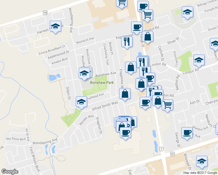 map of restaurants, bars, coffee shops, grocery stores, and more near 264 Coachwhip Trail in Newmarket