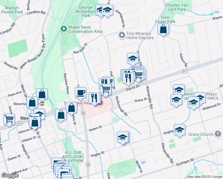 map of restaurants, bars, coffee shops, grocery stores, and more near 679 Davis Drive in Newmarket