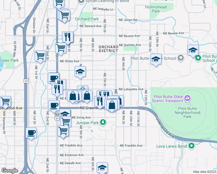 map of restaurants, bars, coffee shops, grocery stores, and more near 716 Northeast Lafayette Avenue in Bend