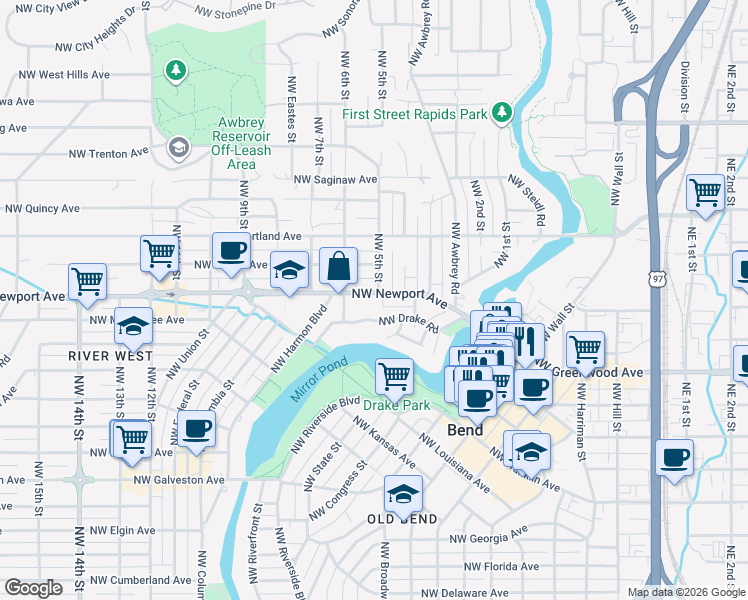 map of restaurants, bars, coffee shops, grocery stores, and more near 503 Northwest Newport Avenue in Bend