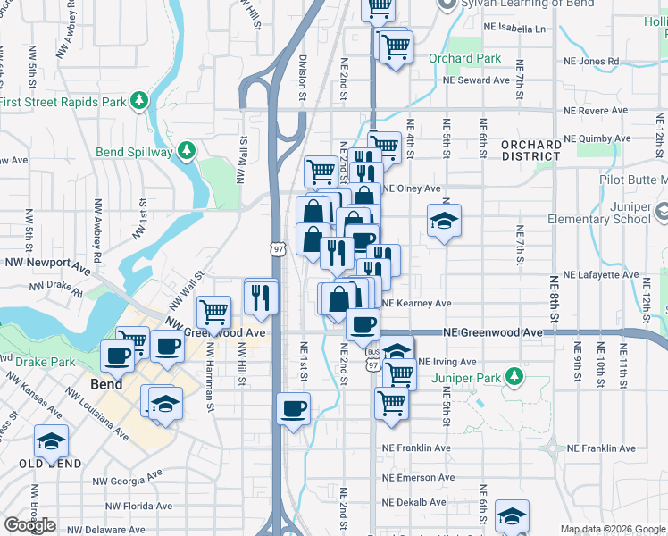 map of restaurants, bars, coffee shops, grocery stores, and more near 1216 Northeast 1st Street in Bend