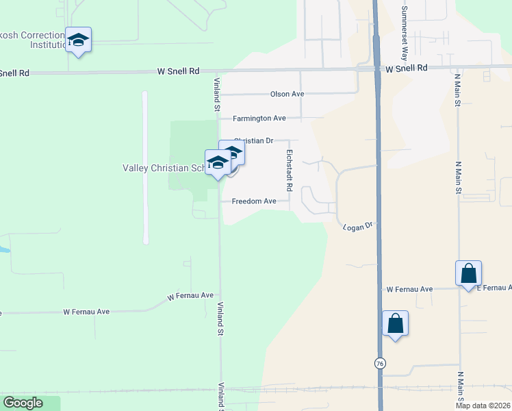 map of restaurants, bars, coffee shops, grocery stores, and more near 1055 Freedom Avenue in Oshkosh