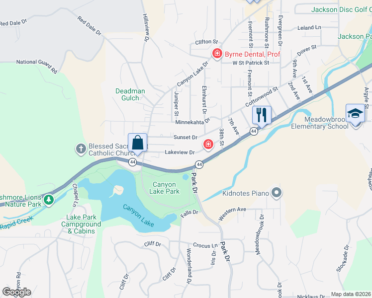 map of restaurants, bars, coffee shops, grocery stores, and more near 3935 Sunset Drive in Rapid City