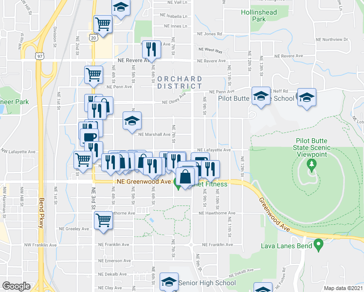map of restaurants, bars, coffee shops, grocery stores, and more near 737 Northeast Marshall Avenue in Bend