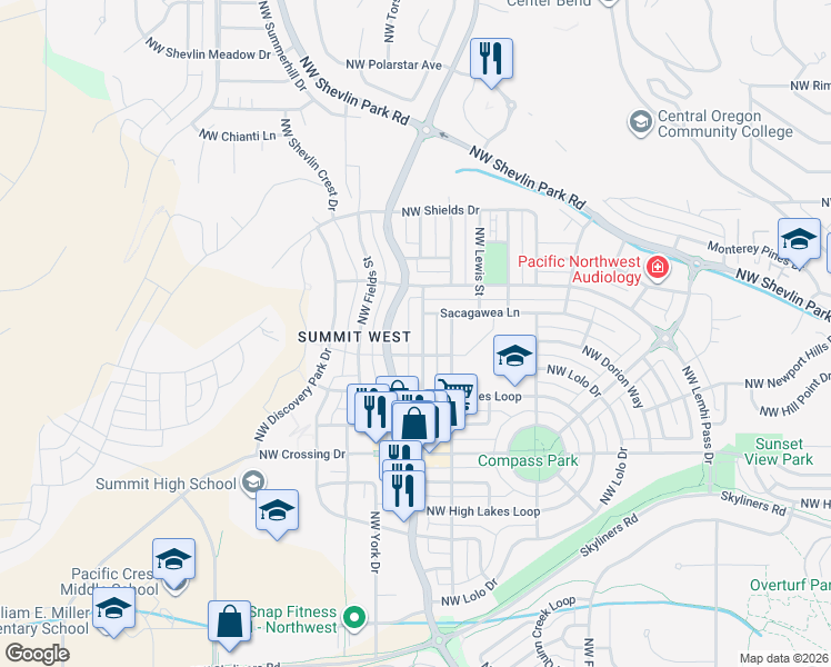 map of restaurants, bars, coffee shops, grocery stores, and more near 1361 Northwest Fort Clatsop Street in Bend