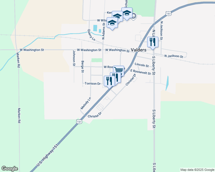 map of restaurants, bars, coffee shops, grocery stores, and more near 447 South Adams Street in Valders
