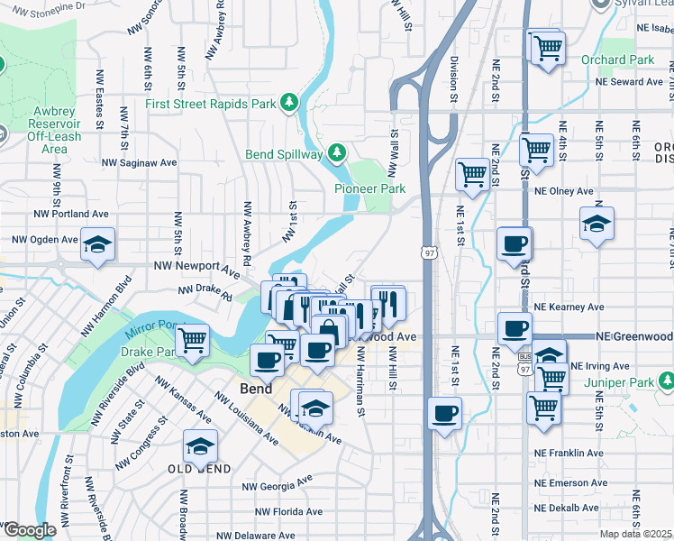 map of restaurants, bars, coffee shops, grocery stores, and more near 1267 Northwest Wall Street in Bend