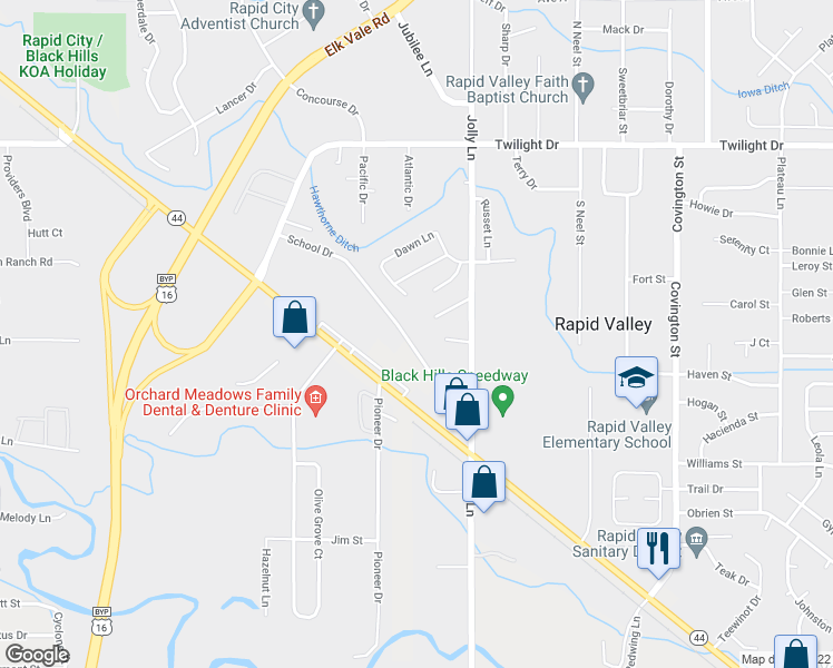 map of restaurants, bars, coffee shops, grocery stores, and more near 3770 School Drive in Rapid City