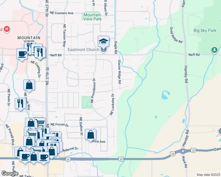 map of restaurants, bars, coffee shops, grocery stores, and more near 3196 Northeast Manchester Avenue in Bend