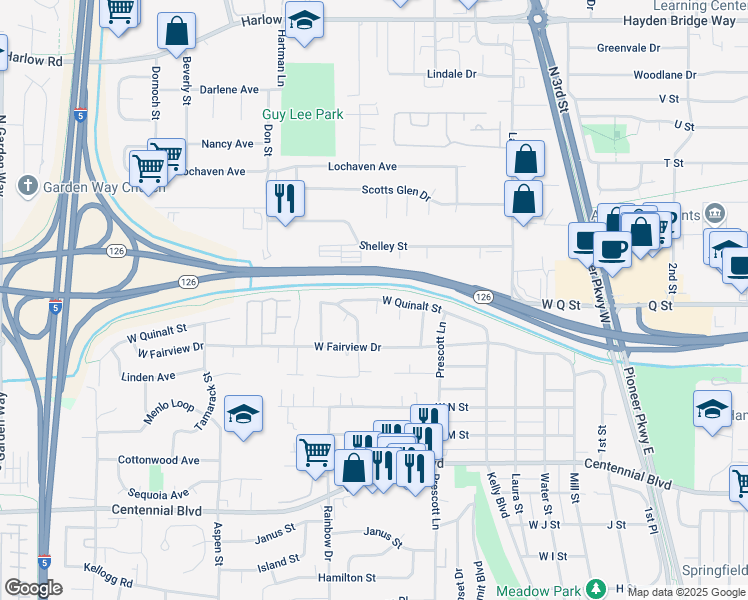 map of restaurants, bars, coffee shops, grocery stores, and more near 712 West Quinalt Street in Springfield