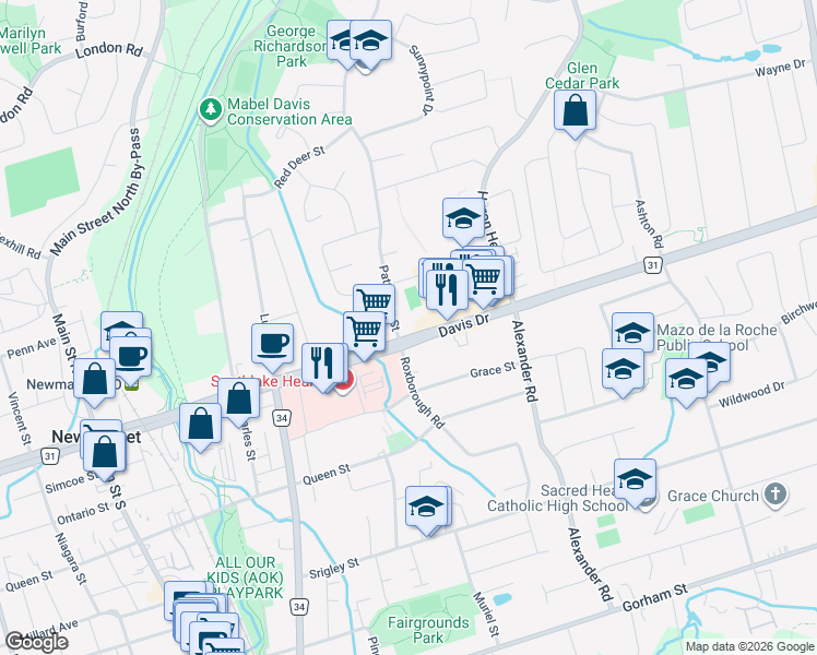 map of restaurants, bars, coffee shops, grocery stores, and more near 705 Davis Drive in Newmarket