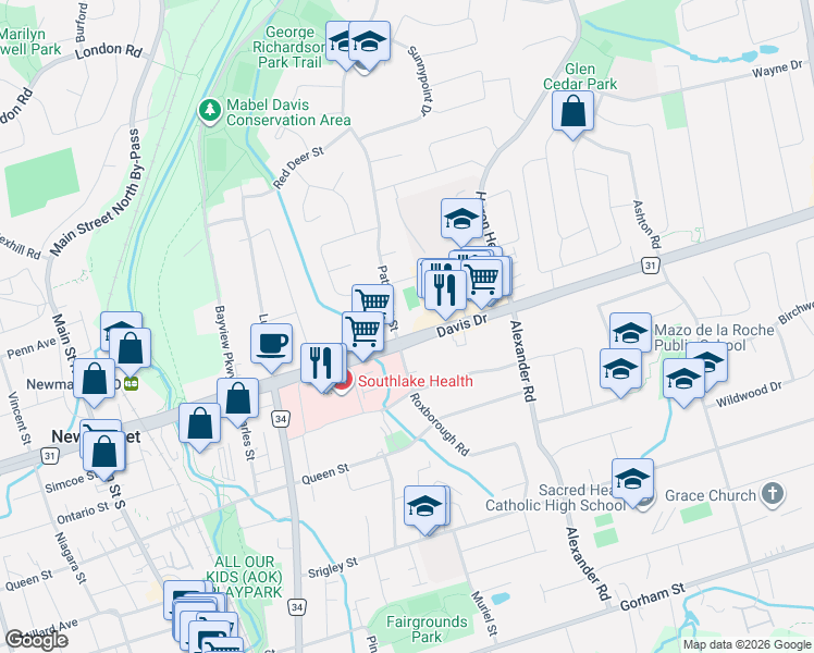 map of restaurants, bars, coffee shops, grocery stores, and more near 679 Davis Drive in Newmarket