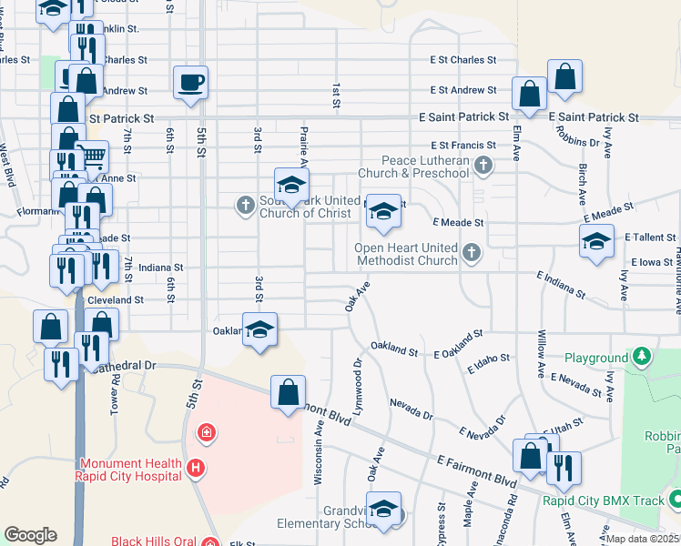 map of restaurants, bars, coffee shops, grocery stores, and more near 102-110 Indiana St in Rapid City