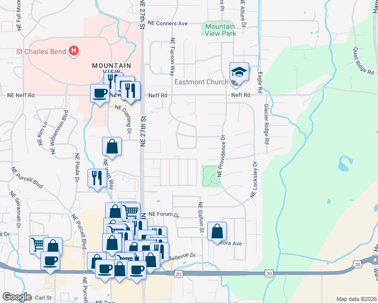 map of restaurants, bars, coffee shops, grocery stores, and more near 1244A Northeast Dawson Drive in Bend