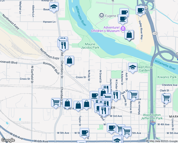 map of restaurants, bars, coffee shops, grocery stores, and more near 192 North Polk Street in Eugene