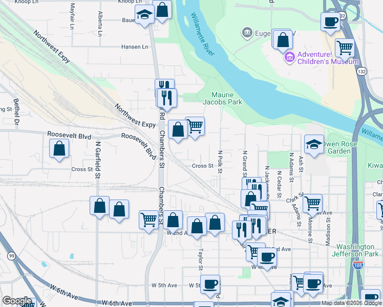 map of restaurants, bars, coffee shops, grocery stores, and more near 1471 Railroad Boulevard in Eugene