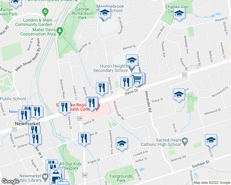 map of restaurants, bars, coffee shops, grocery stores, and more near 679 Davis Drive in Newmarket
