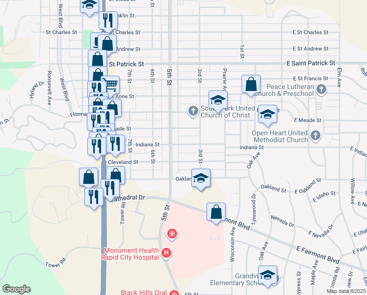 map of restaurants, bars, coffee shops, grocery stores, and more near 327 Indiana Street in Rapid City